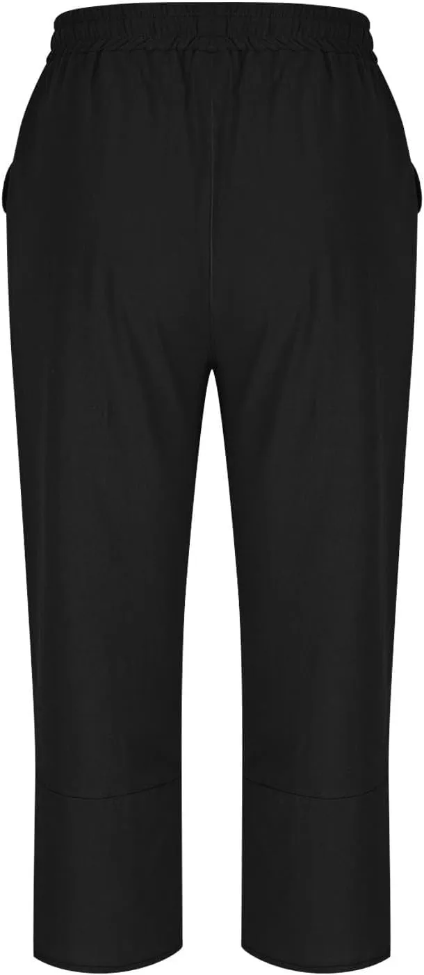 Linen Pants Women Capri Casual Loose High Waist Elastic Drawstring Straight Cropped Trousers Summer Beach Pants