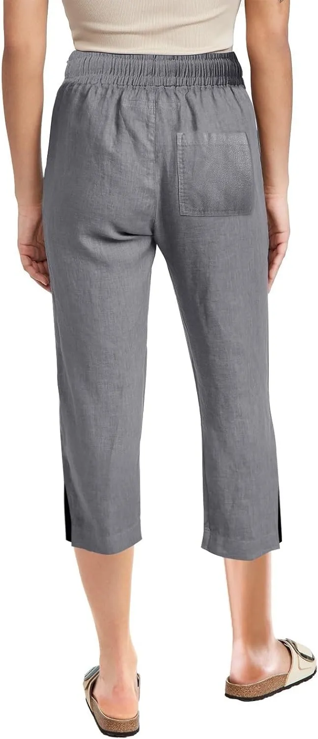 Linen Pants Women Casual Loose High Waist Elastic Drawstring Straight Capri Trousers Solid Summer Beach Pants