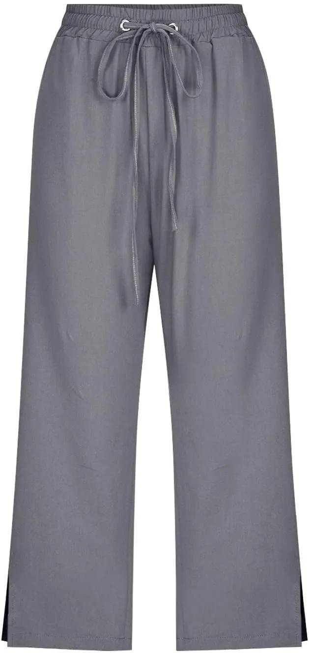 Linen Pants Women Casual Loose High Waist Elastic Drawstring Straight Capri Trousers Solid Summer Beach Pants