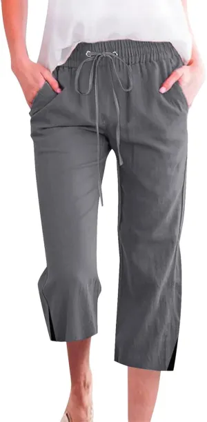 Linen Pants Women Casual Loose High Waist Elastic Drawstring Straight Capri Trousers Solid Summer Beach Pants