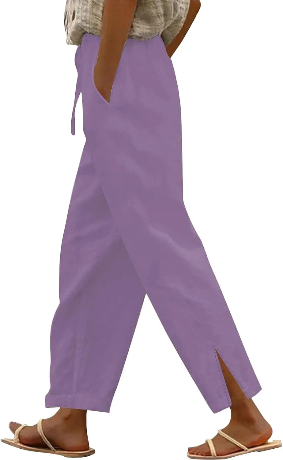 Linen Pants Women Casual Side Split Capri Pants Summer Beach Drawstring Elastic Waist Cropped Trousers with Pockets