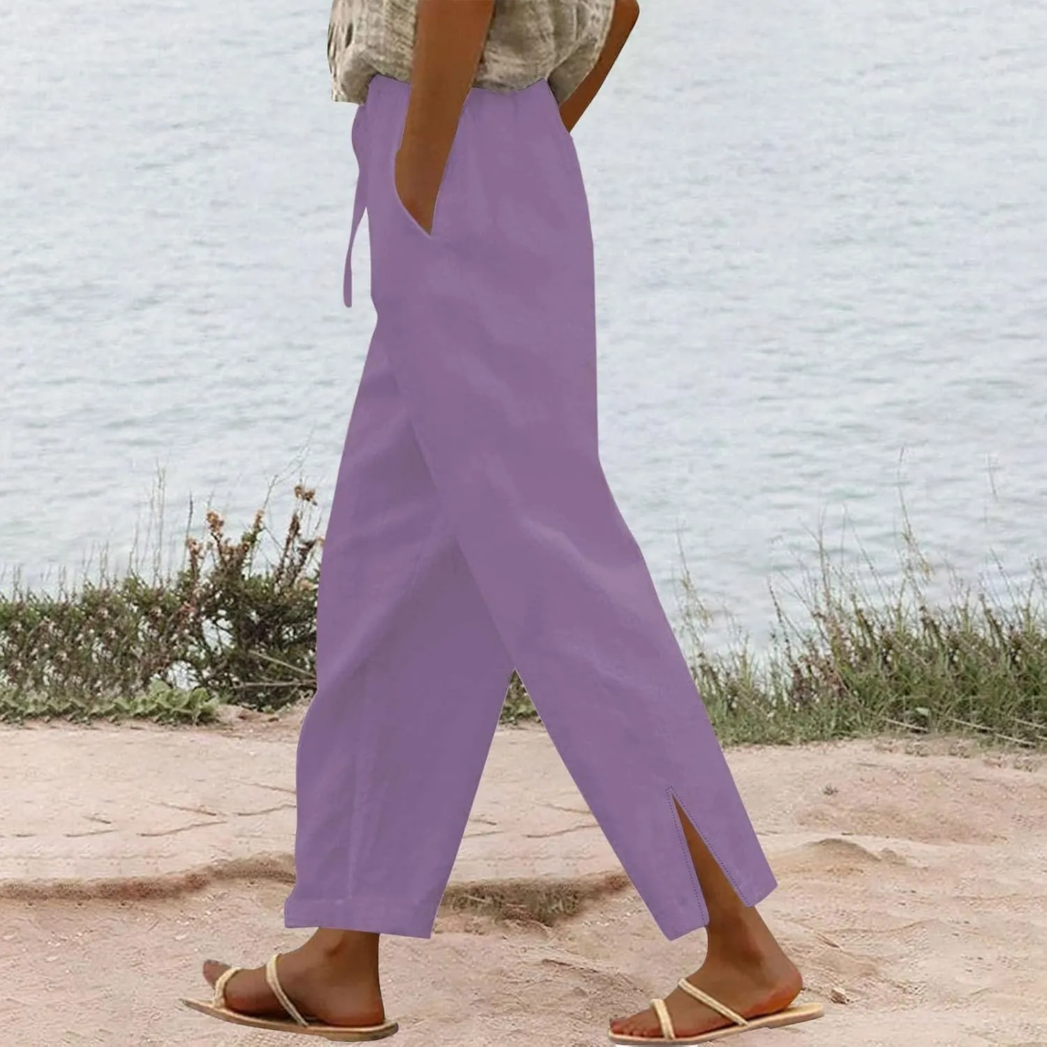 Linen Pants Women Casual Side Split Capri Pants Summer Beach Drawstring Elastic Waist Cropped Trousers with Pockets