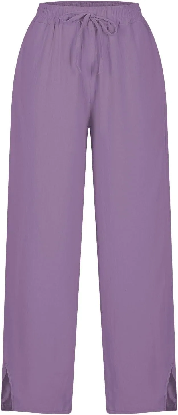 Linen Pants Women Casual Side Split Capri Pants Summer Beach Drawstring Elastic Waist Cropped Trousers with Pockets