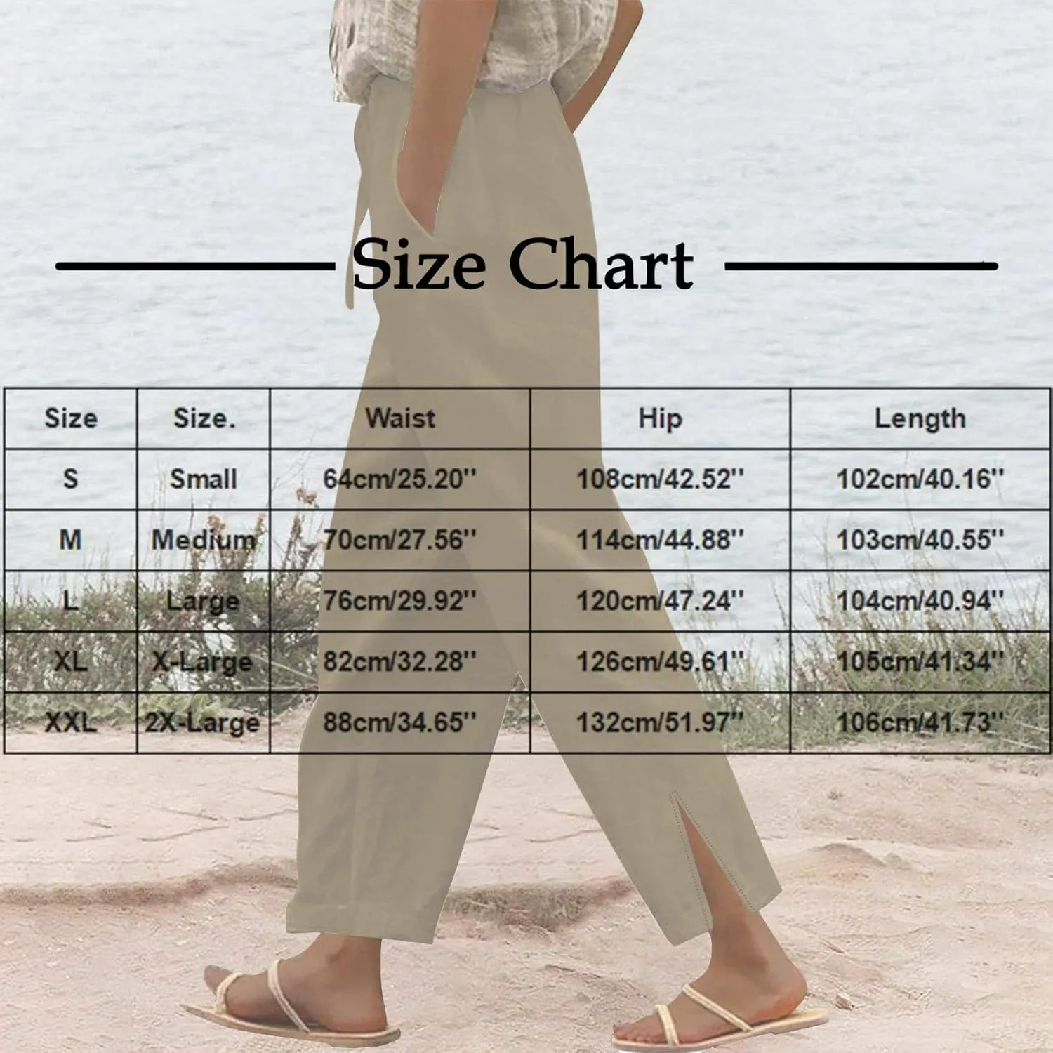 Linen Pants Women Casual Side Split Capri Pants Summer Beach Drawstring Elastic Waist Cropped Trousers with Pockets
