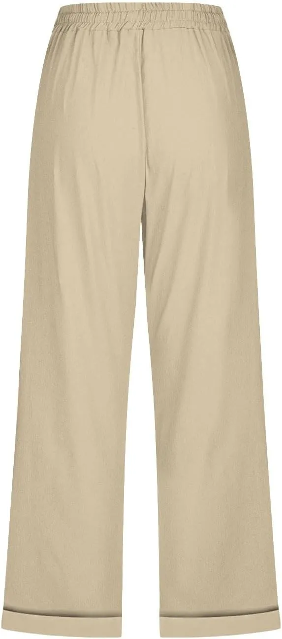 Linen Pants Women Cotton Linen Capris Pants Drawstring Elastic Waist Cropped Trousers Summer Pants with Pockets