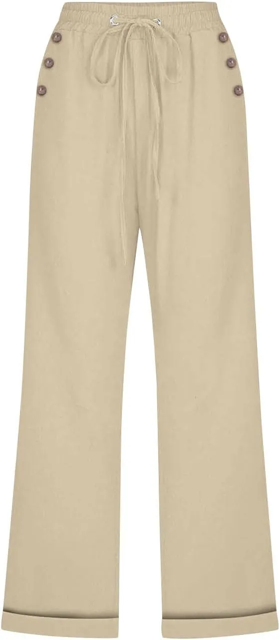 Linen Pants Women Cotton Linen Capris Pants Drawstring Elastic Waist Cropped Trousers Summer Pants with Pockets
