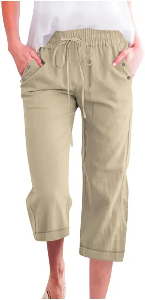 Linen Pants Women Cotton Linen Capris Pants Drawstring Elastic Waist Cropped Trousers Summer Pants with Pockets
