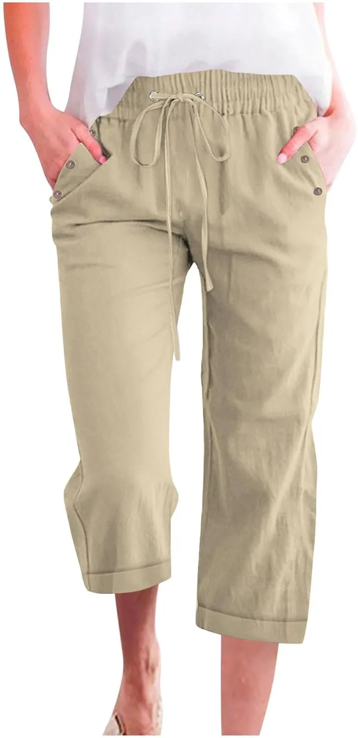 Linen Pants Women Cotton Linen Capris Pants Drawstring Elastic Waist Cropped Trousers Summer Pants with Pockets