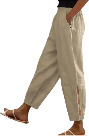 Linen Pants Women Loose Fit Lightweight Summer Loung Trousers Straight Leg Pants Casual High Waist Trousers with Pockets