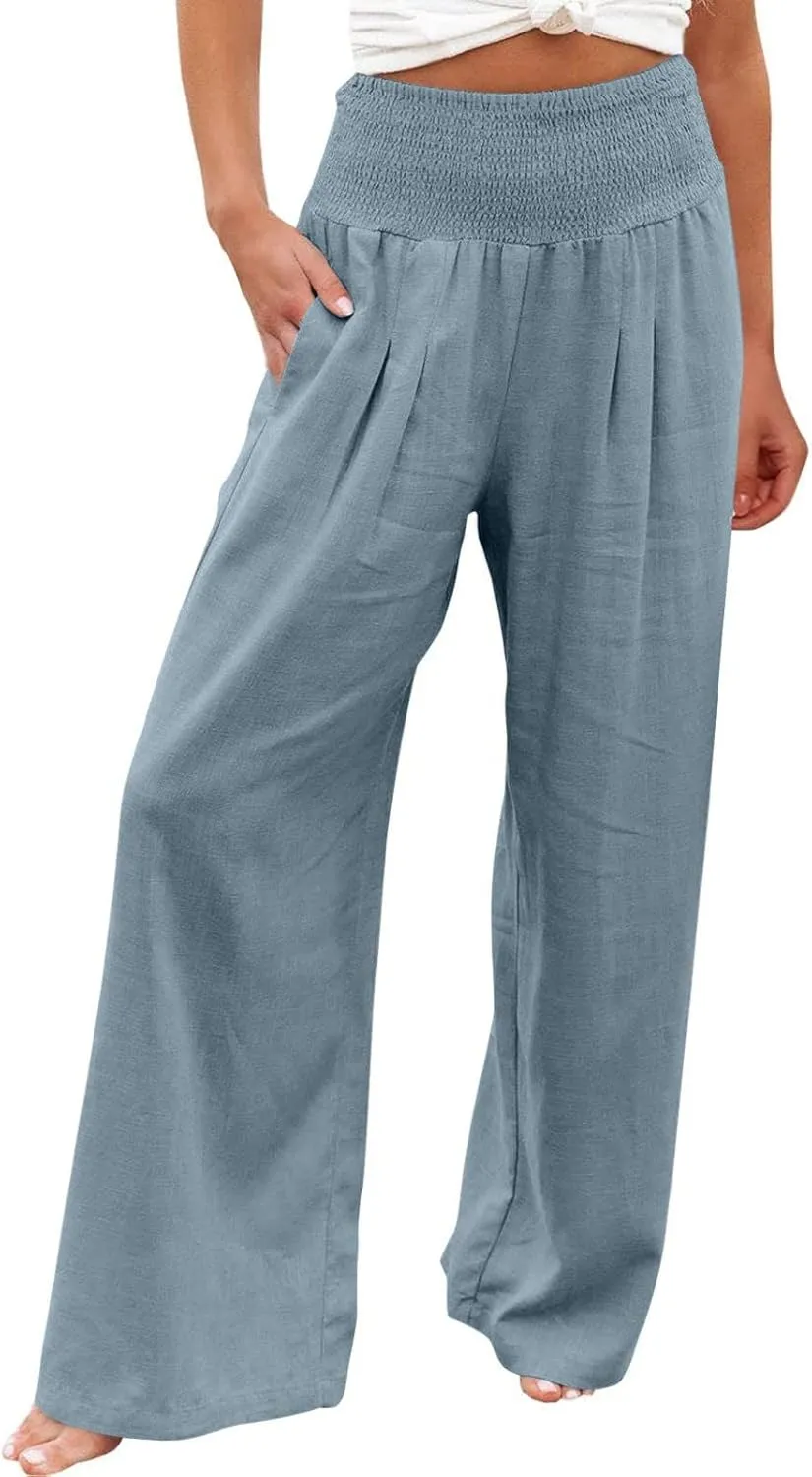 Linen Pants Women Plus Size Tapered Casual Wide Leg Pants for Women Elastic High Waist Drawstring Side Split Pants