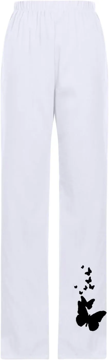 Linen Pants Women Plus Size Tapered Casual Wide Leg Pants for Women Elastic High Waist Drawstring Side Split Pants