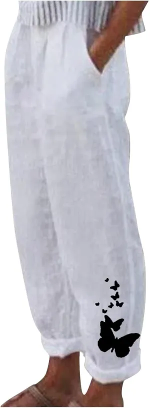 Linen Pants Women Plus Size Tapered Casual Wide Leg Pants for Women Elastic High Waist Drawstring Side Split Pants