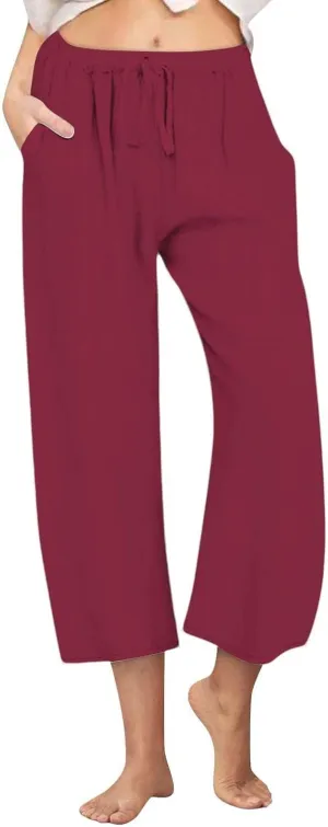 Linen Pants Women Summer Casual Wed Leg Lounge Trousers Drawstring High Waist Cropped Capri Pants Boho Beach Outfits