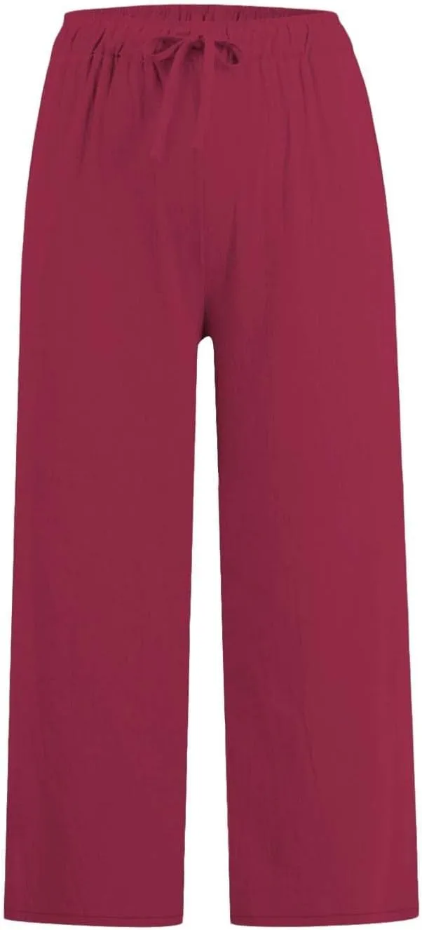 Linen Pants Women Summer Casual Wed Leg Lounge Trousers Drawstring High Waist Cropped Capri Pants Boho Beach Outfits