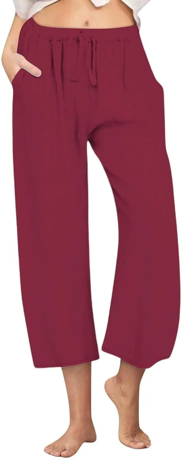 Linen Pants Women Summer Casual Wed Leg Lounge Trousers Drawstring High Waist Cropped Capri Pants Boho Beach Outfits