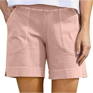Linen Shorts for Women Summer Elastic High Waist Pant Beach Lounge Short Pants Vacation Outfits with Pockets
