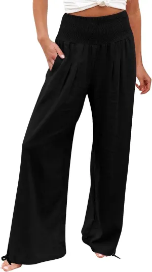 Linen Wide Leg Pants for Women Smocked High Waist Summer Palazzo Pants Lightweight Flowy Drawstring Lounge Trousers