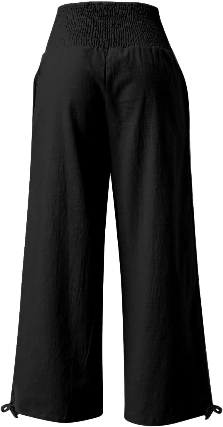 Linen Wide Leg Pants for Women Smocked High Waist Summer Palazzo Pants Lightweight Flowy Drawstring Lounge Trousers
