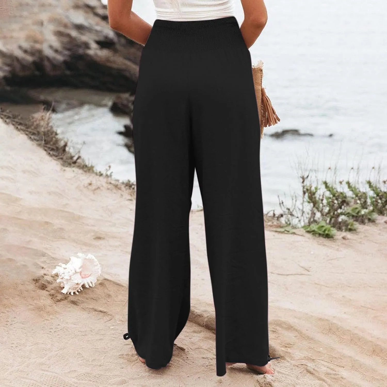 Linen Wide Leg Pants for Women Smocked High Waist Summer Palazzo Pants Lightweight Flowy Drawstring Lounge Trousers