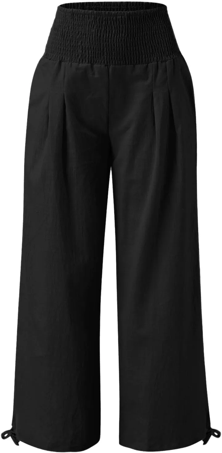Linen Wide Leg Pants for Women Smocked High Waist Summer Palazzo Pants Lightweight Flowy Drawstring Lounge Trousers