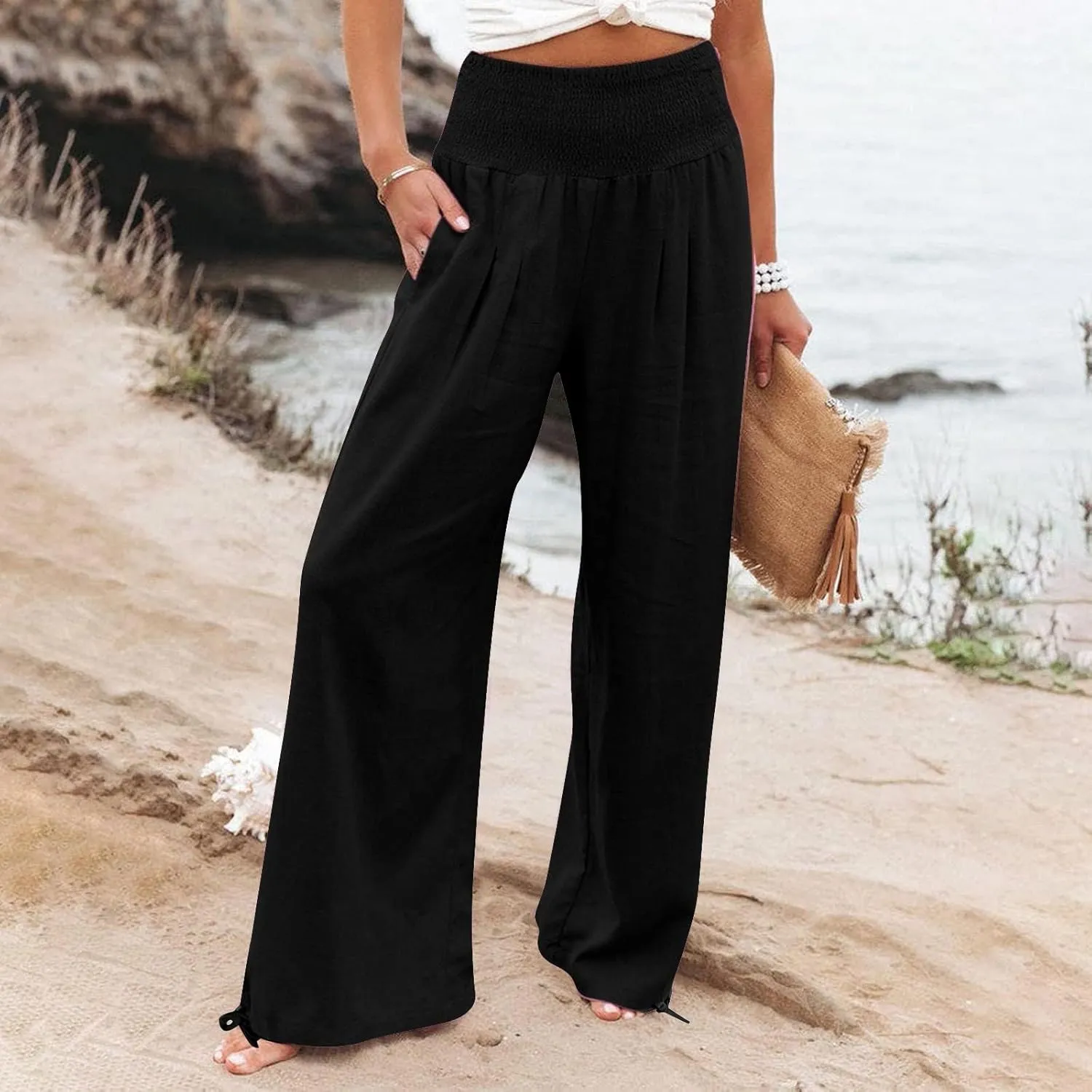 Linen Wide Leg Pants for Women Smocked High Waist Summer Palazzo Pants Lightweight Flowy Drawstring Lounge Trousers