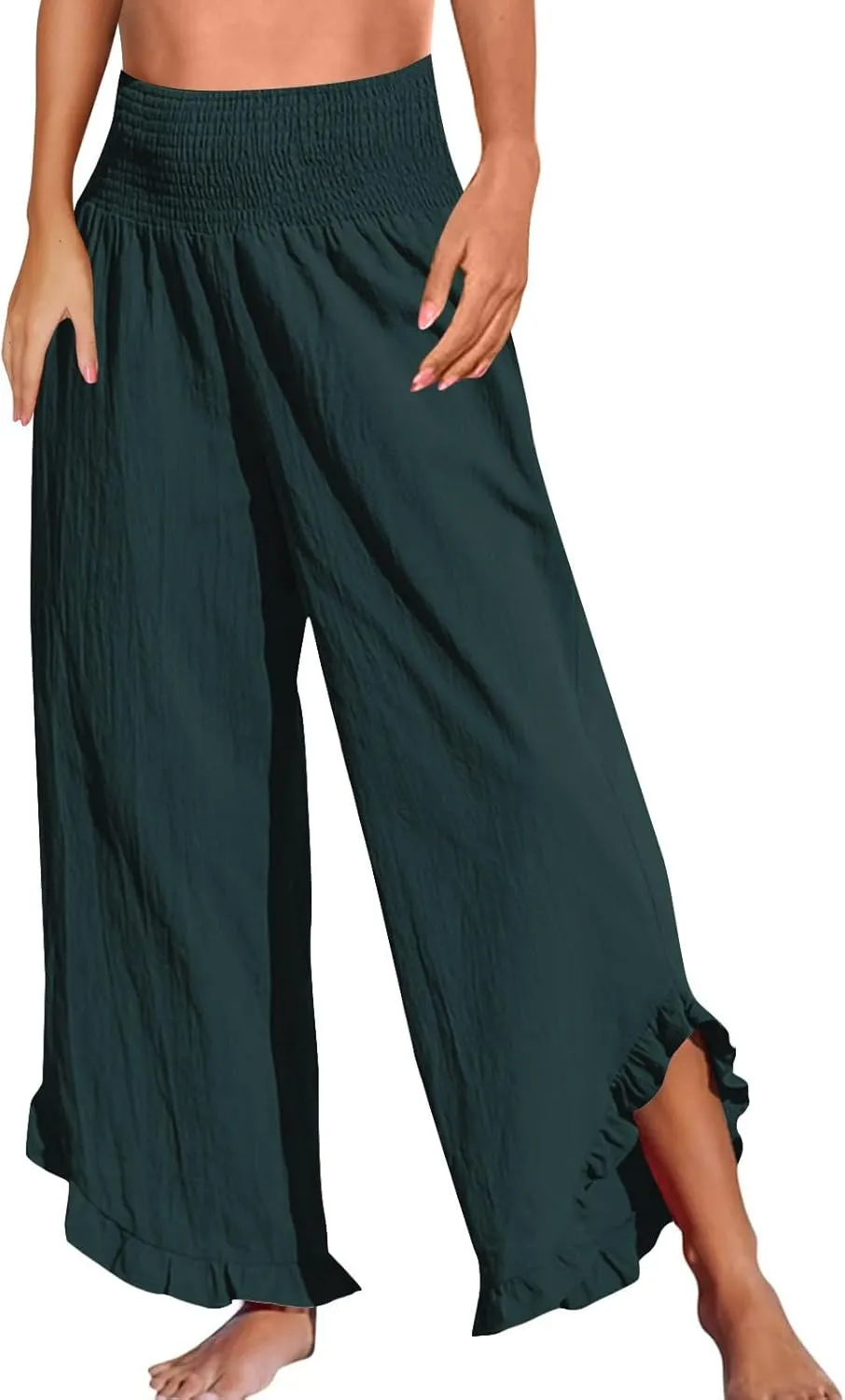 Linen Wide Leg Pants for Women Smocked High Waisted Palazzo Pants Boho Flowy Ruffle Hem Beach Trousers with Pockets