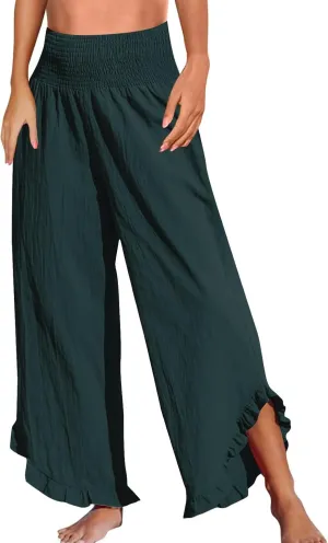 Linen Wide Leg Pants for Women Smocked High Waisted Palazzo Pants Boho Flowy Ruffle Hem Beach Trousers with Pockets