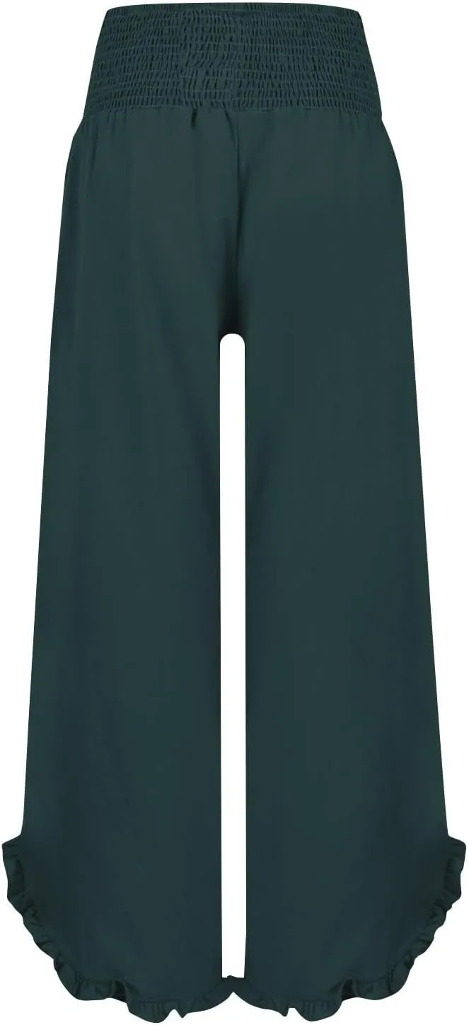 Linen Wide Leg Pants for Women Smocked High Waisted Palazzo Pants Boho Flowy Ruffle Hem Beach Trousers with Pockets
