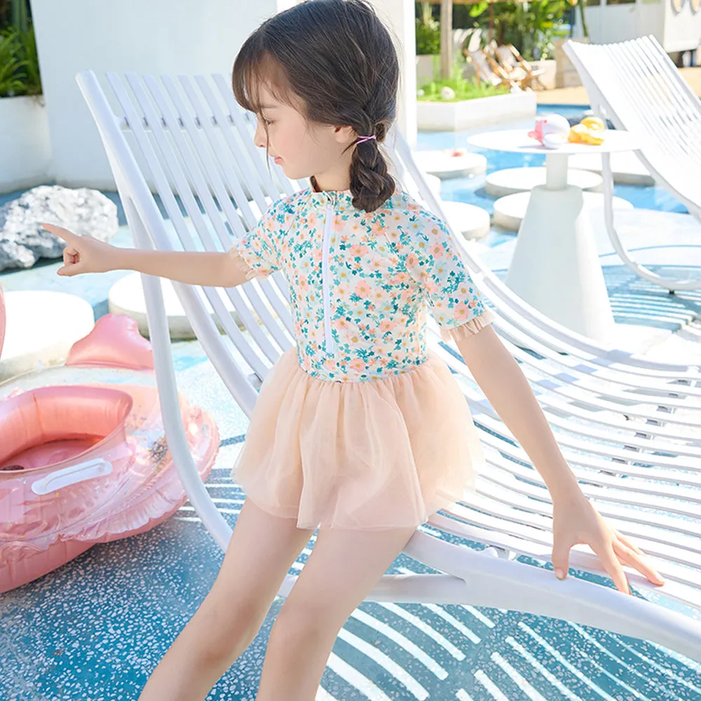 Little Surprise Box Peach & Green Small Floral Tutu Style Swimwear for Toddlers & Kids
