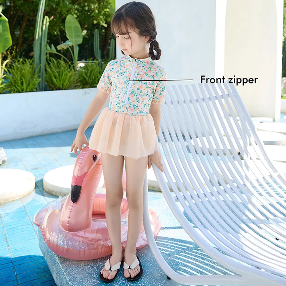 Little Surprise Box Peach & Green Small Floral Tutu Style Swimwear for Toddlers & Kids