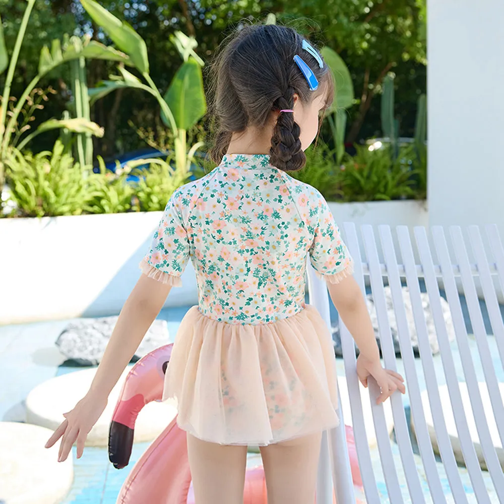 Little Surprise Box Peach & Green Small Floral Tutu Style Swimwear for Toddlers & Kids