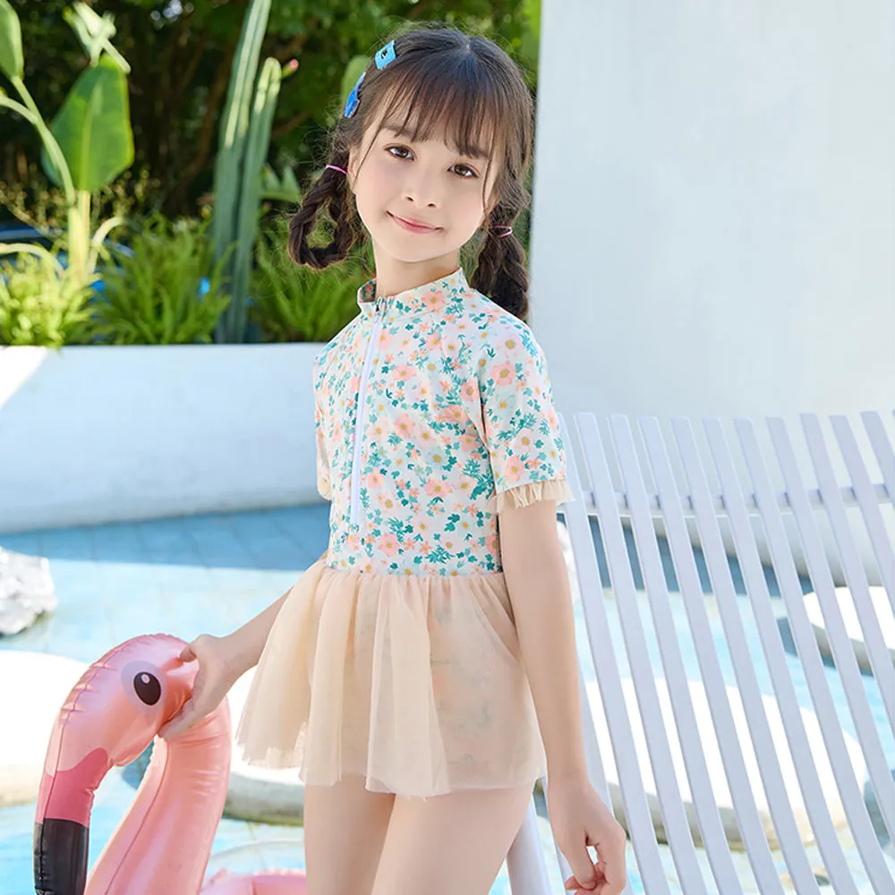 Little Surprise Box Peach & Green Small Floral Tutu Style Swimwear for Toddlers & Kids