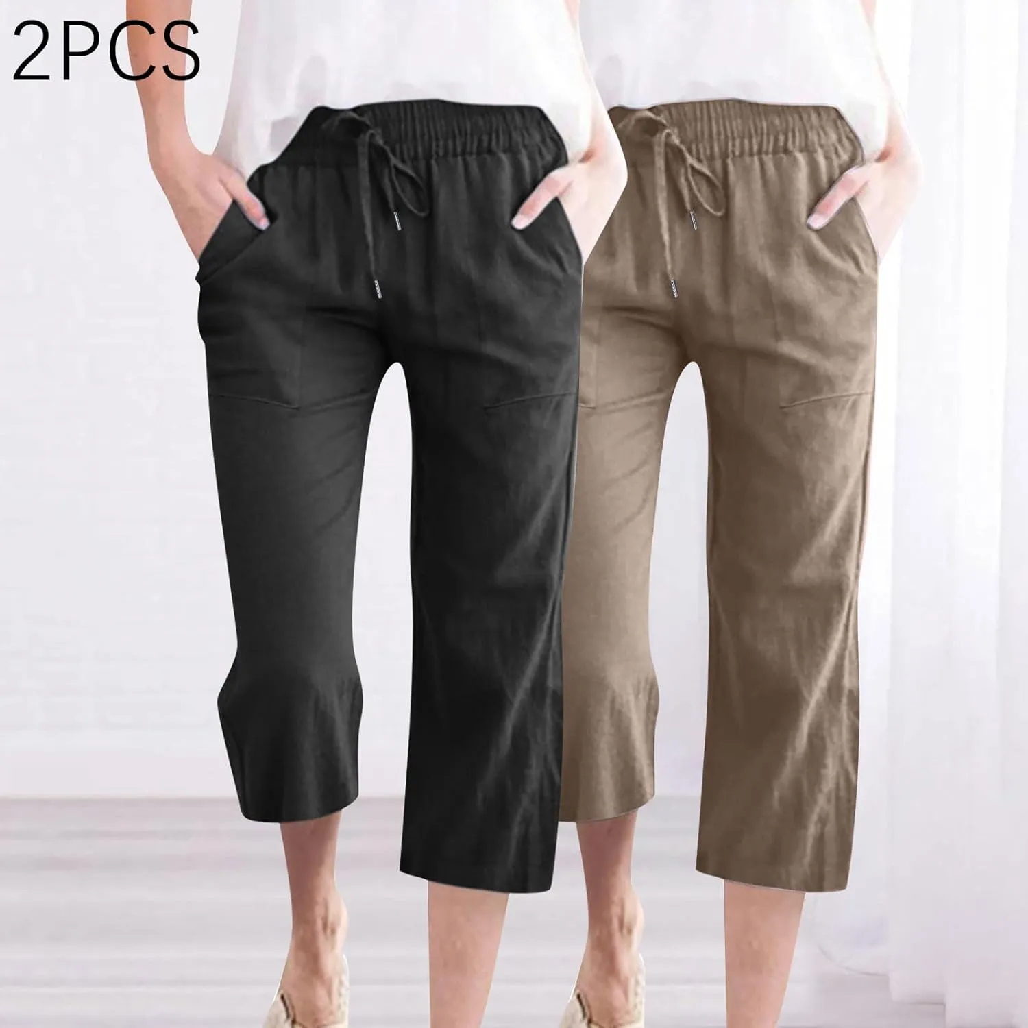Lmdudan 2 Pcs Cotton Linen Capri Pants for Women Casual 2025 Summer Drawstring Elastic Waist Pant Wide Leg Cropped Trousers