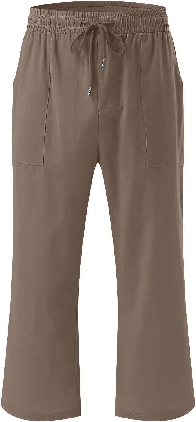 Lmdudan 2 Pcs Cotton Linen Capri Pants for Women Casual 2025 Summer Drawstring Elastic Waist Pant Wide Leg Cropped Trousers