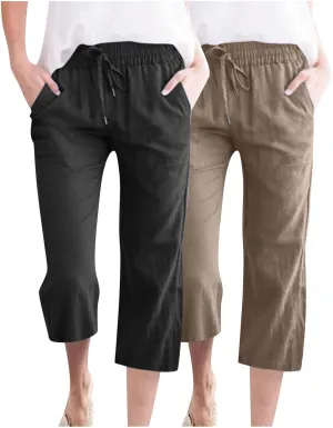 Lmdudan 2 Pcs Cotton Linen Capri Pants for Women Casual 2025 Summer Drawstring Elastic Waist Pant Wide Leg Cropped Trousers
