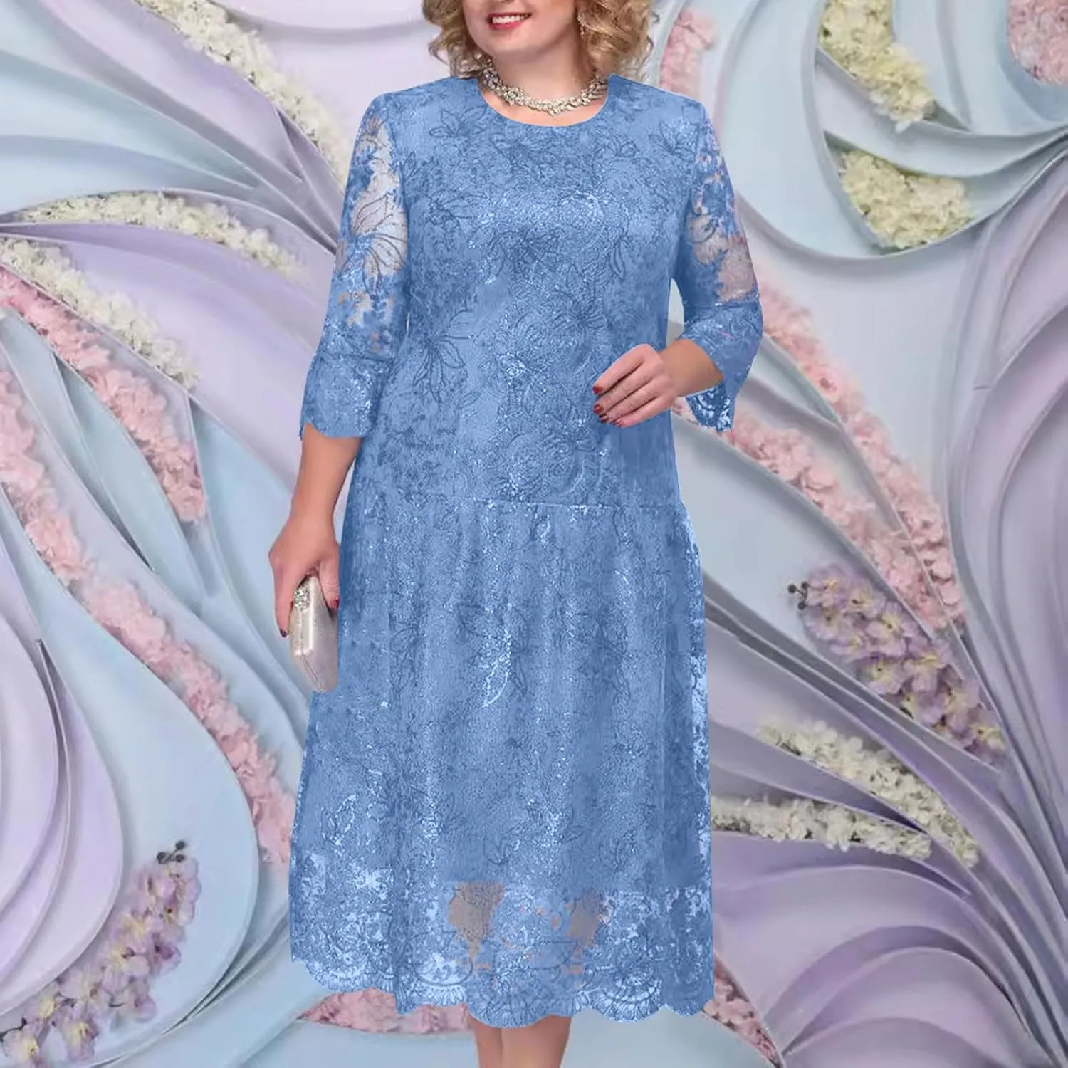 Lmdudan 2025 Plus Size Women Elegant Floral lace Midi Dress Lace Chiffon Wedding Guest Dresses Formal 3/4 Sleeve Dresses