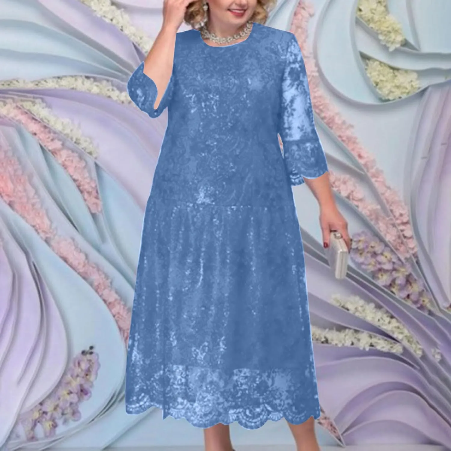 Lmdudan 2025 Plus Size Women Elegant Floral lace Midi Dress Lace Chiffon Wedding Guest Dresses Formal 3/4 Sleeve Dresses