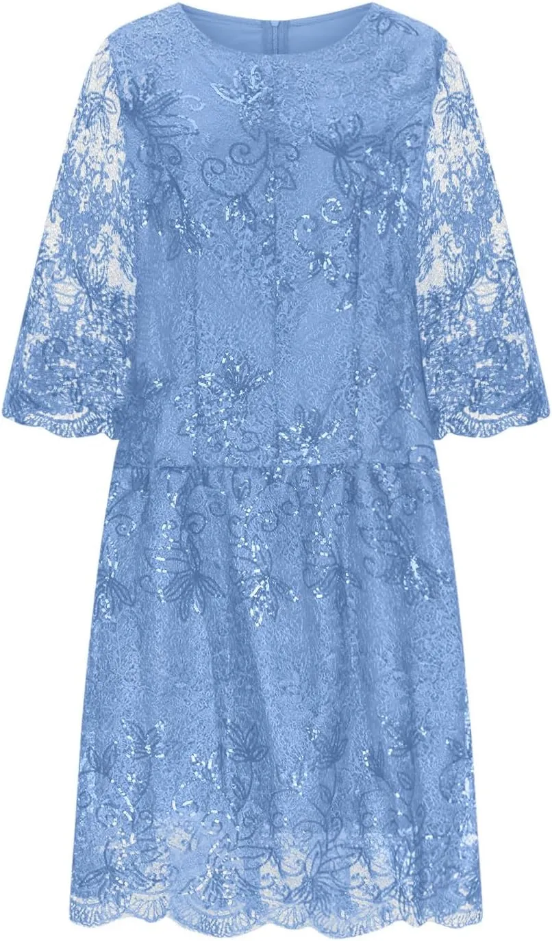 Lmdudan 2025 Plus Size Women Elegant Floral lace Midi Dress Lace Chiffon Wedding Guest Dresses Formal 3/4 Sleeve Dresses
