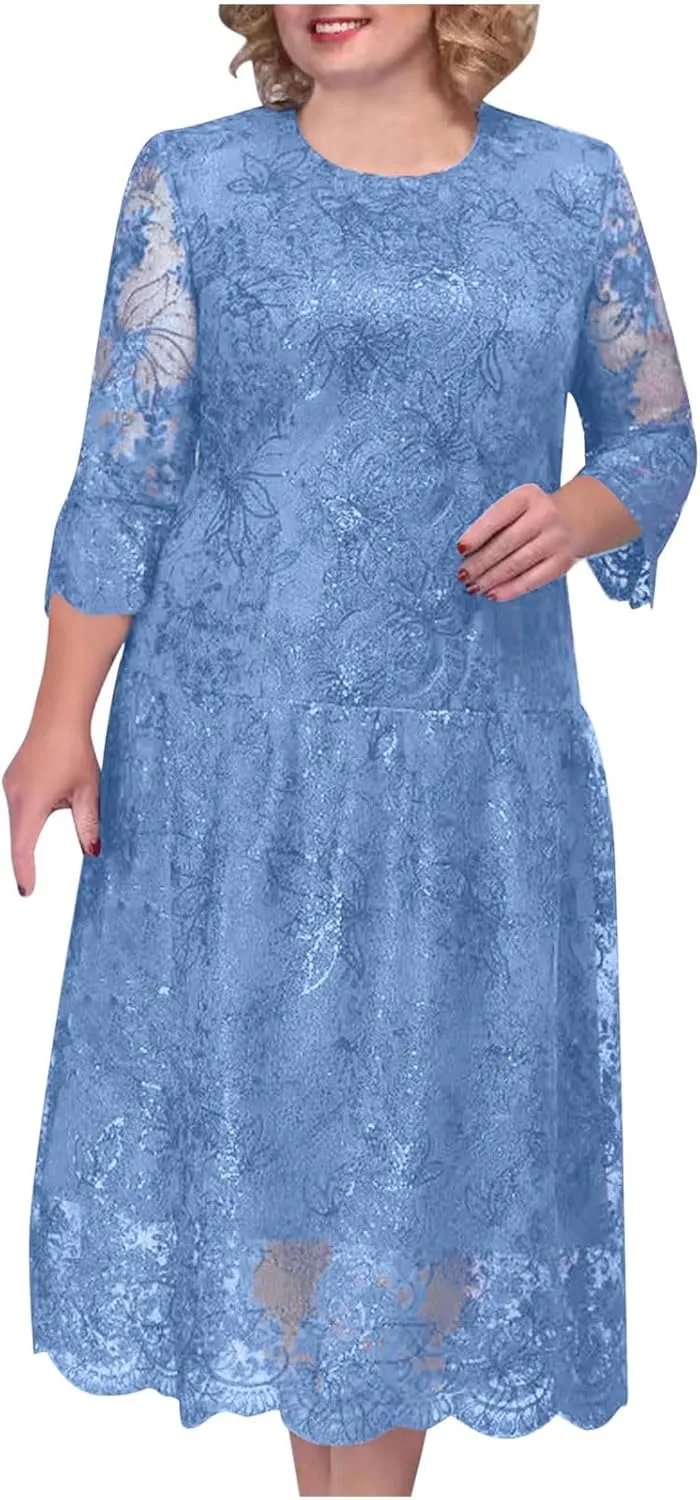 Lmdudan 2025 Plus Size Women Elegant Floral lace Midi Dress Lace Chiffon Wedding Guest Dresses Formal 3/4 Sleeve Dresses