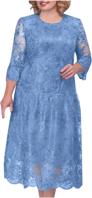 Lmdudan 2025 Plus Size Women Elegant Floral lace Midi Dress Lace Chiffon Wedding Guest Dresses Formal 3/4 Sleeve Dresses