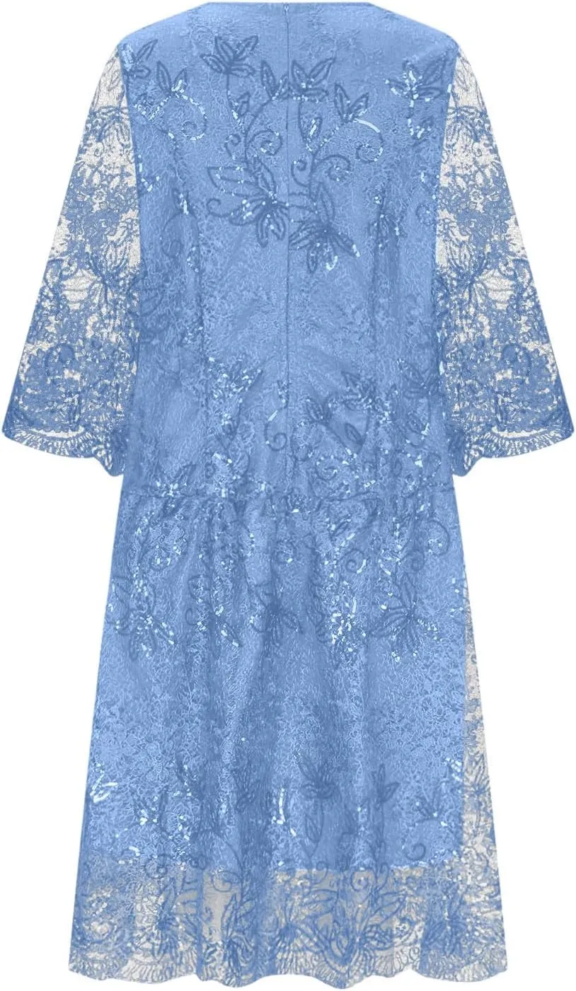 Lmdudan 2025 Plus Size Women Elegant Floral lace Midi Dress Lace Chiffon Wedding Guest Dresses Formal 3/4 Sleeve Dresses