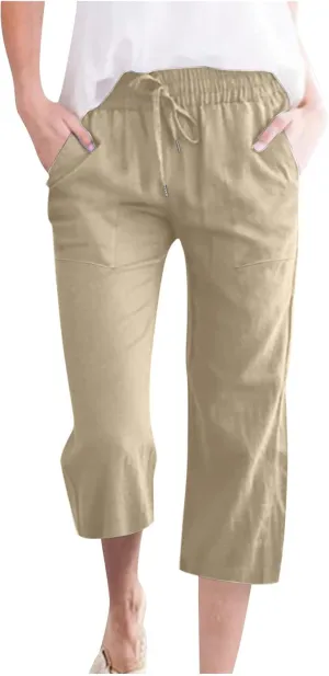 Lmdudan Linen Capri Pants for Women Summer Casual 2025 Womens Capris with Pockets High Waisted Drawstring Cropped Trousers