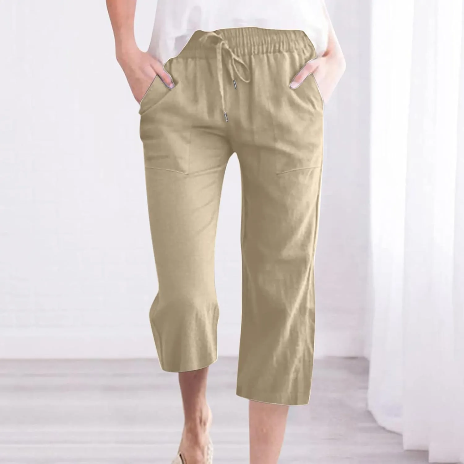 Lmdudan Linen Capri Pants for Women Summer Casual 2025 Womens Capris with Pockets High Waisted Drawstring Cropped Trousers