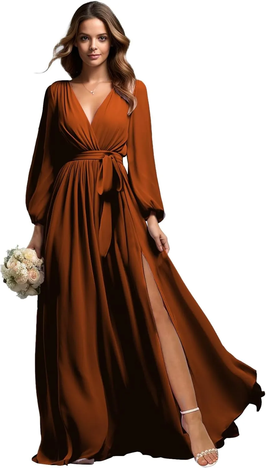 Long Sleeve Bridesmaid Dresses for Wedding Chiffon V-Neck Pleated Formal Evening Gown with Slit