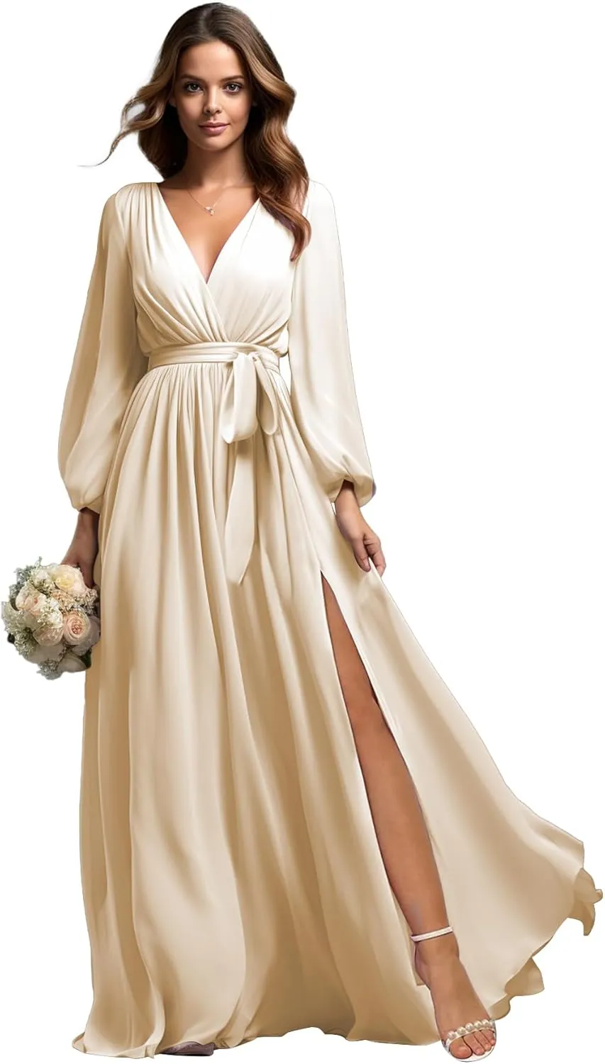 Long Sleeve Bridesmaid Dresses for Wedding Chiffon V-Neck Pleated Formal Evening Gown with Slit