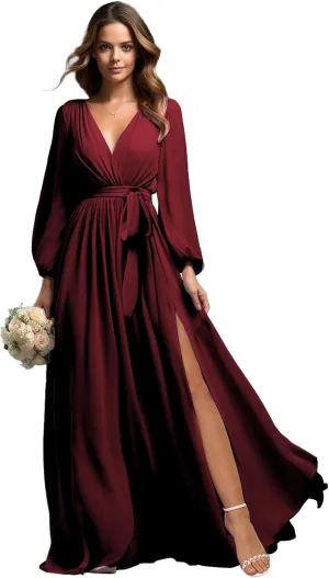 Long Sleeve Bridesmaid Dresses for Wedding Chiffon V-Neck Pleated Formal Evening Gown with Slit
