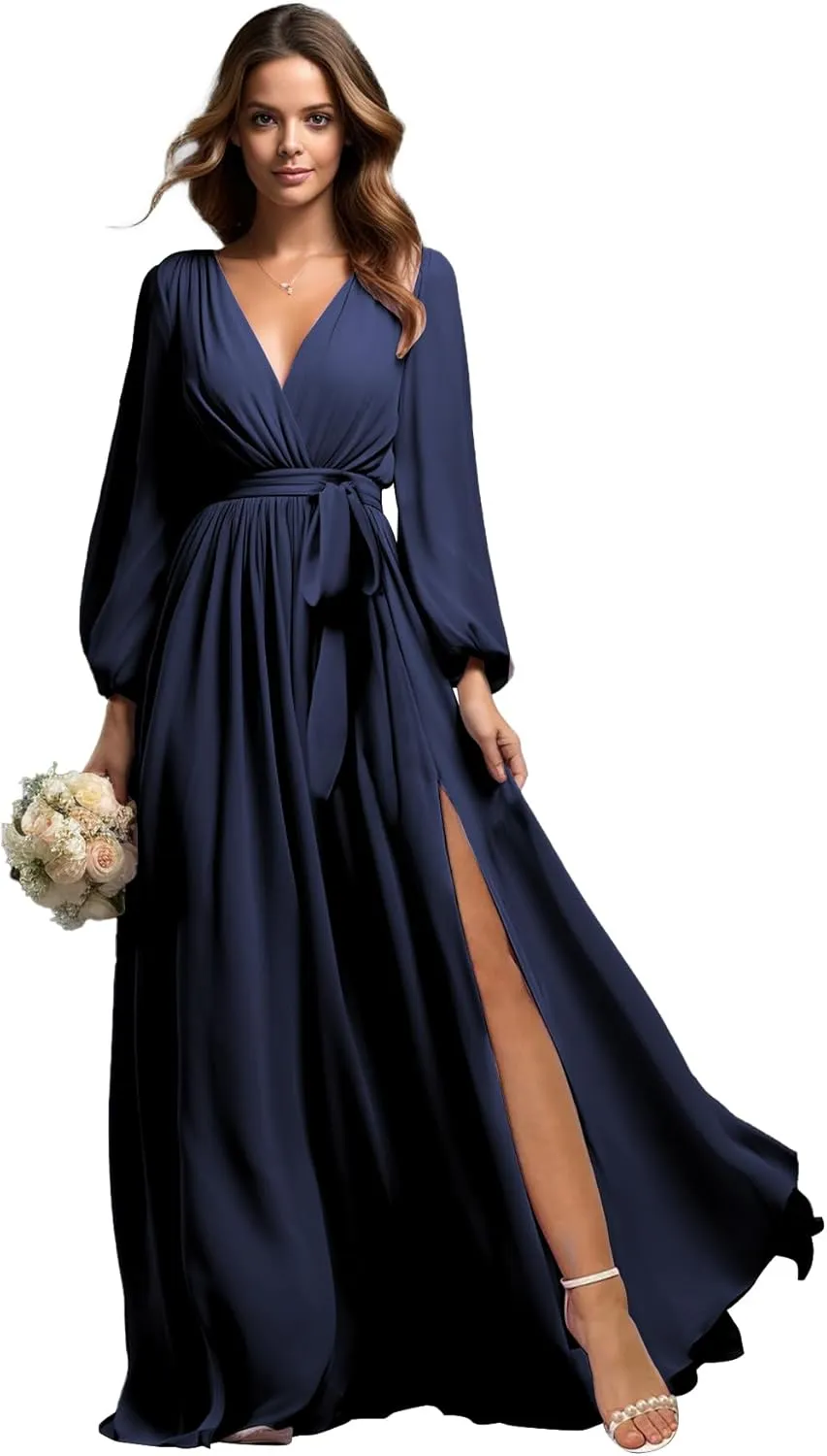 Long Sleeve Bridesmaid Dresses for Wedding Chiffon V-Neck Pleated Formal Evening Gown with Slit