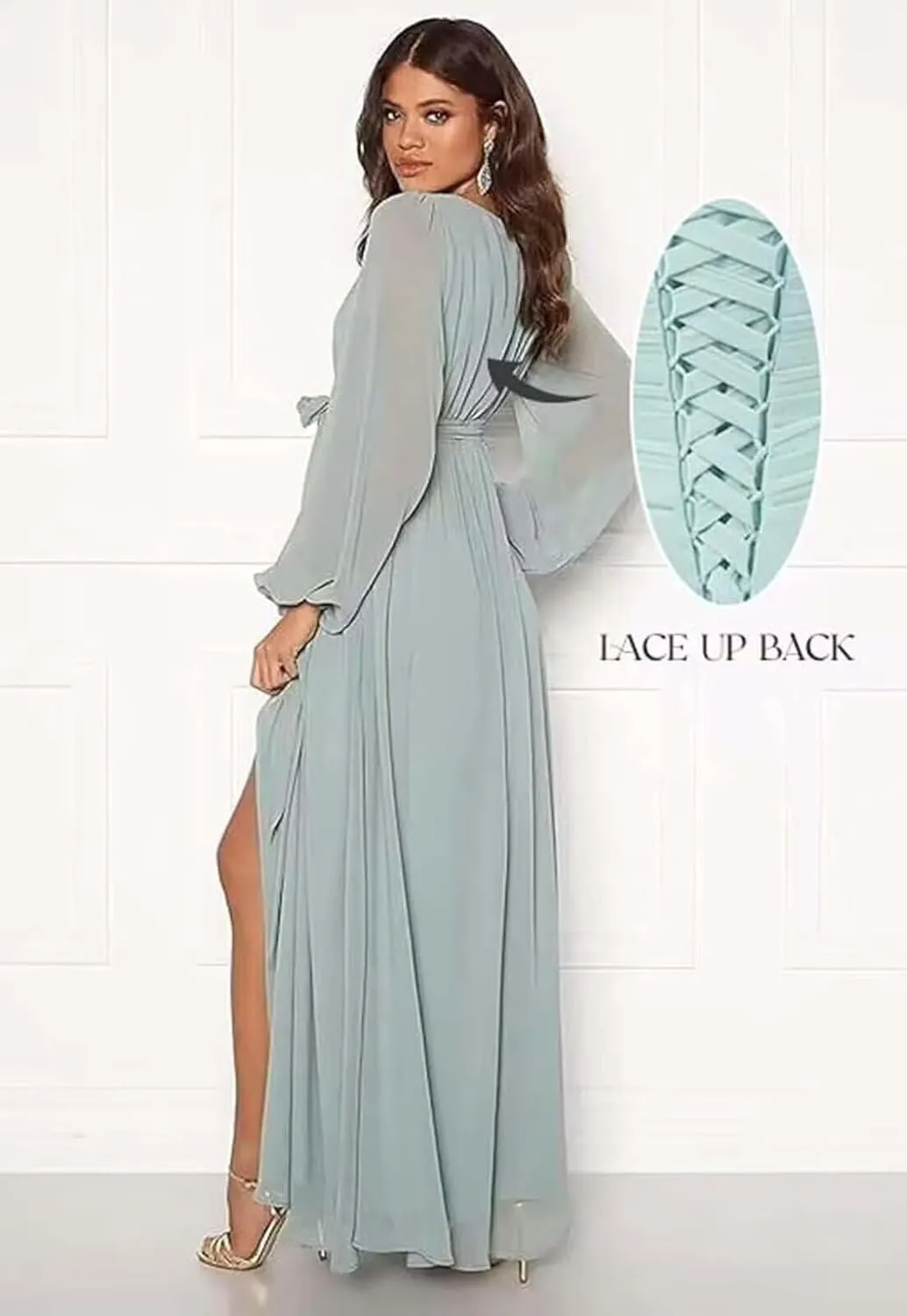 Long Sleeve Bridesmaid Dresses for Wedding Chiffon V-Neck Pleated Formal Evening Gown with Slit