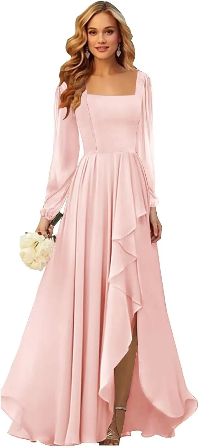 Long Sleeve Bridesmaid Dresses for Women Square Neck Chiffon Ruffle Formal Evening Dress