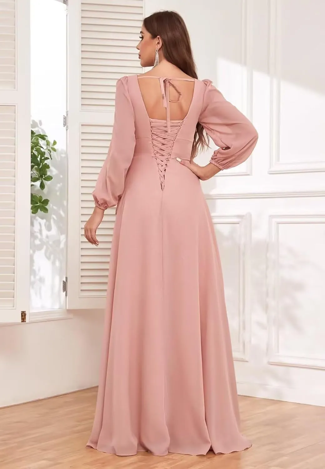 Long Sleeve Bridesmaid Dresses for Women Square Neck Chiffon Ruffle Formal Evening Dress